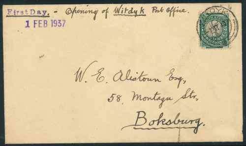 South Africa 1937 Cover Cancelled with Witdyk Post Office First Day Postmark