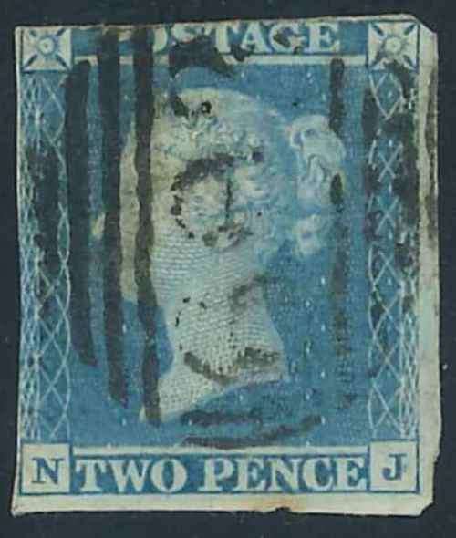 GB UK 1841/51 Queen Victoria used Imperforate 2d blue stamp (SG 14)