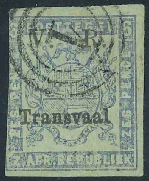 Transvaal 1877 "The Stamp Commission" used Imperforate 6d blue on green paper stamp (SACC 121)
