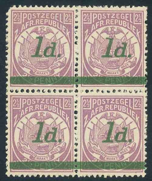 Transvaal 1895 Surcharged Block of (4) x (1d on 2 1/2d) stamps (SACC 220) (**)