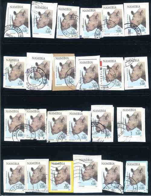 Namibia 1997 small lot of (34) x used $5 and $10 stamps on Piece with interesting Postmarks