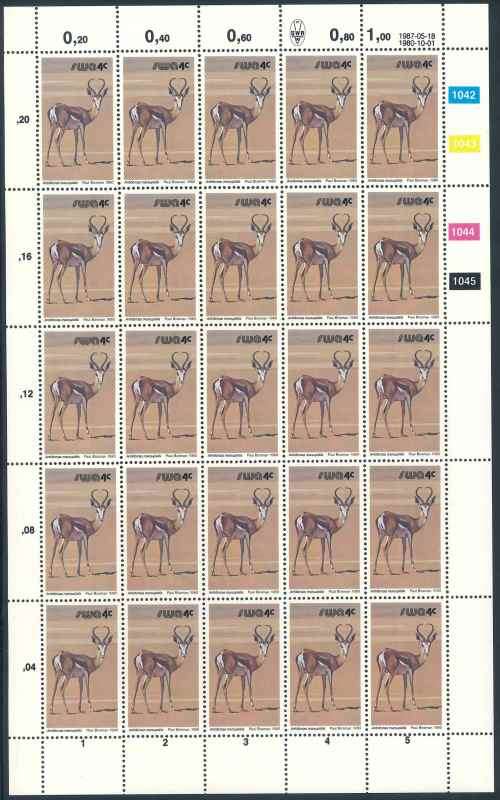 SWA 1987 Wildlife Definitive Reprint 4c Sheet of Springbok stamps (**)