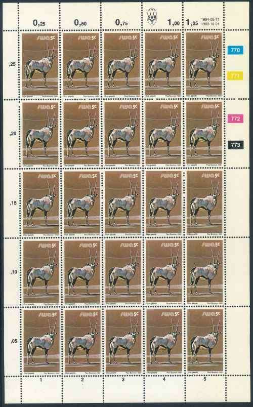 SWA 1984 Wildlife Definitive Reprint 5c Sheet of Gemsbok stamps (**)