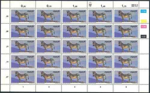 SWA 1988 Wildlife Definitive Reprint 7c Sheet of Mountain Zebra stamps (**)