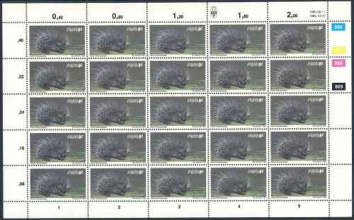 SWA 1985 Wildlife Definitive Reprint 8c Sheet of Cape Porcupine stamps (**)