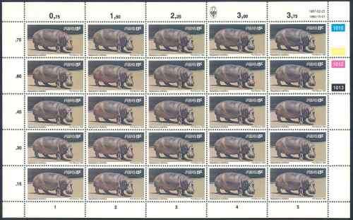 SWA 1987 Wildlife Definitive Reprint 15c Sheet of Hippopotamus stamps (**)