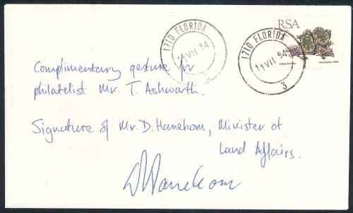 South Africa 1994 plain white Cover Signed by Derek Hanekom (Minister of Land Affairs)