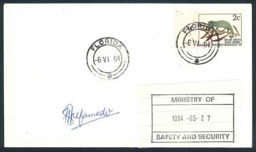 South Africa 1994 plain white Cover Signed by Sydney Mufamadi (Minister of Safety and Security)