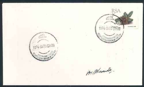 South Africa 1994 plain white Cover Signed by Amos Masondo (Minister of Health - PWV Region)