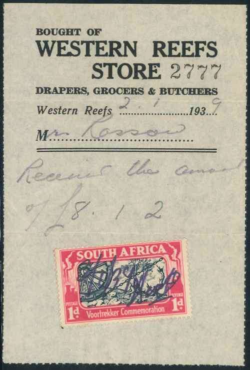 South Africa 1939 Western Reefs Store Receipt affixed with Manuscript Cancelled 1d stamp