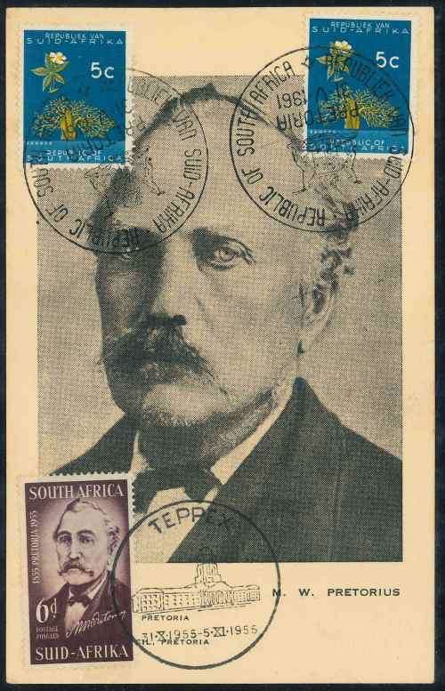 South Africa 1955 TEPPEX President Pretorius Maxi Card with extra 1961 Republic First Day Cancel