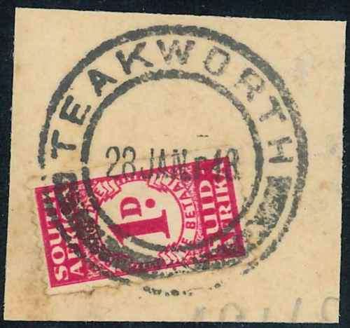 South Africa 1943/44 single 1d Bantam Postage Due stamp Cancelled with Teakworth Railway Postmark