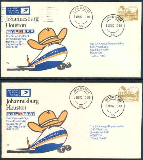 South African Airways 1982 First Flight Covers Number 37 with different arrival Cachets x (3)