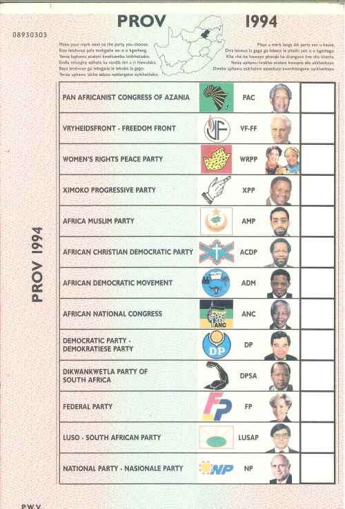 South Africa 1994 unused Provincial Election Ballot Paper