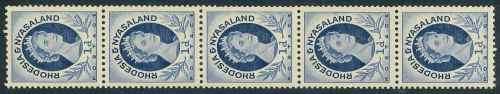 Rhodesia & Nyasaland 1956 QEII Definitive Coil Strip of (5) x 1d stamps