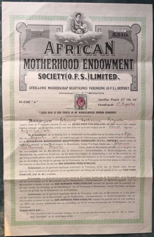South Africa 1919 "African Motherhood Endowment Society" Document affixed with 2s Revenue stamp
