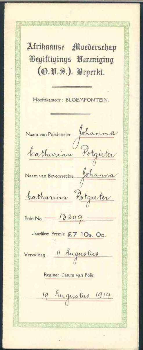 South Africa 1919 "African Motherhood Endowment Society" Document affixed with 2s Revenue stamp