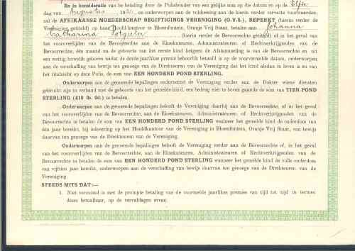 South Africa 1919 "African Motherhood Endowment Society" Document affixed with 2s Revenue stamp