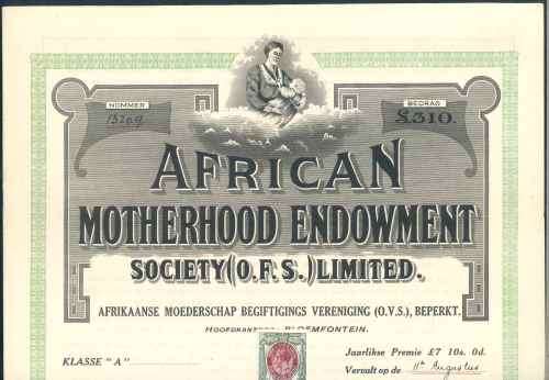 South Africa 1919 "African Motherhood Endowment Society" Document affixed with 2s Revenue stamp