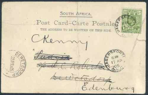 Orange River Colony 1905 Postcard from Jagersfontein to Dewetsdorp