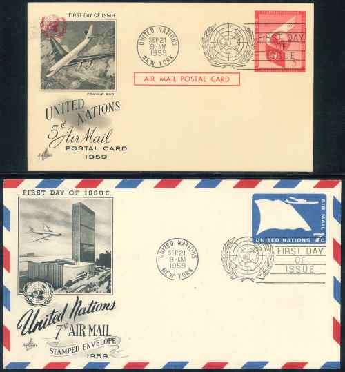United Nations 1959 illustrated Pre-printed "Air Mail" First Day Cover and First Day Postal Card