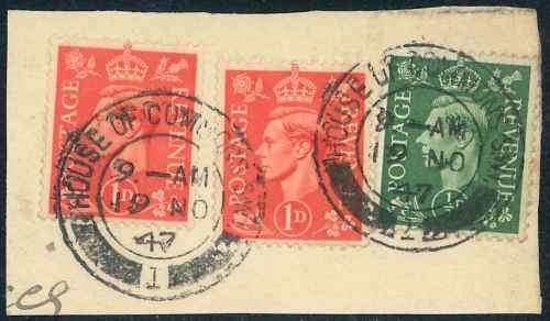 Great Britain 1937/47 KGVI stamps on Piece Cancelled with "House of Commons" Postmarks