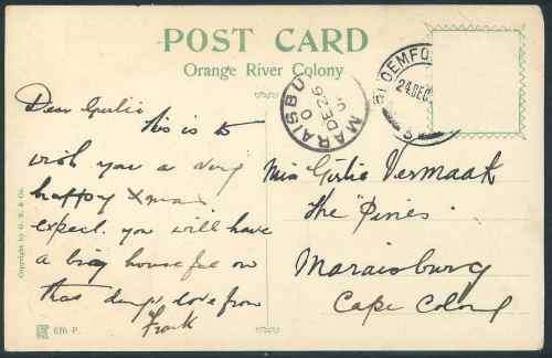 Orange Free State 1906 "The Fort" Postcard sent from Bloemfontein to Maraisburg in the Cape
