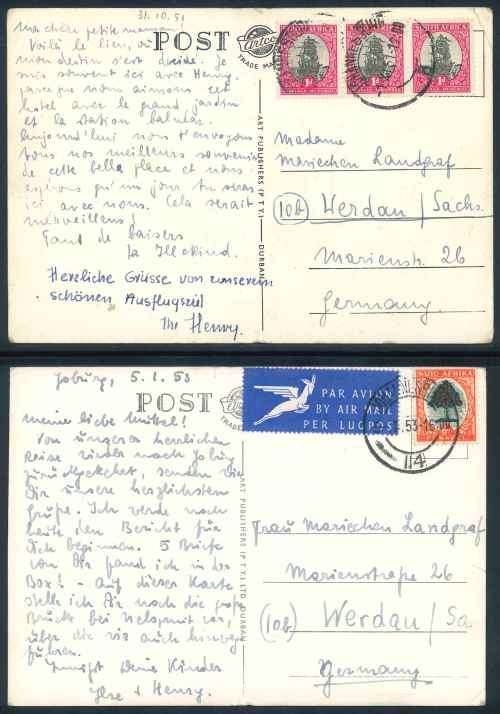 South Africa 1951/53 "Artco Photo S.A.R." black and white Postcards to Germany x (3)