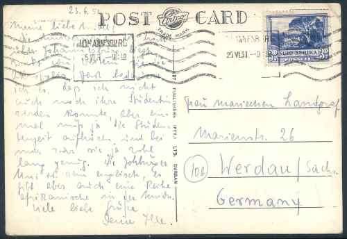 South Africa 1951/53 "Artco Photo S.A.R." black and white Postcards to Germany x (3)