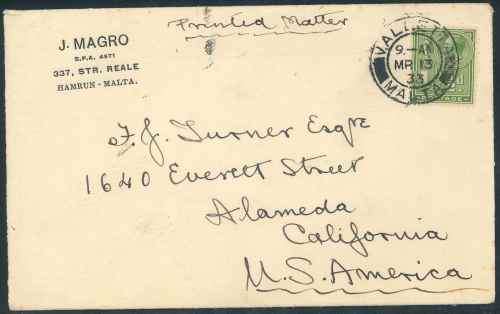 Malta 1933 Cover from Valletta to the USA with interesting original "J. Magro" Inserts