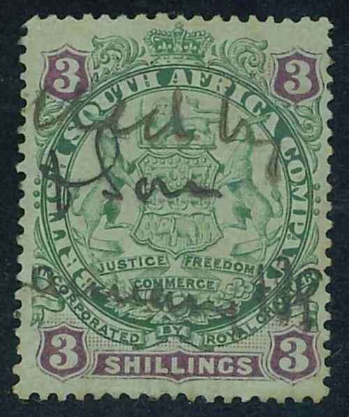 Rhodesia BSAC 1896/97 Definitive Issue used 3 shilling stamp (SACC 36)