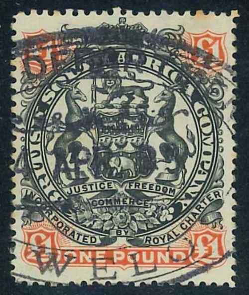 Rhodesia BSAC 1897 Additional Definitive Issue used 1 Pound stamp (SACC 65)