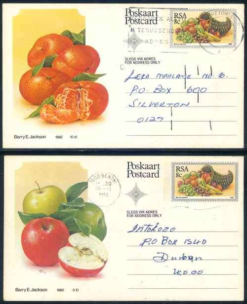 South Africa 1982 stunning set of (10) x used 8c Fruit Postcards