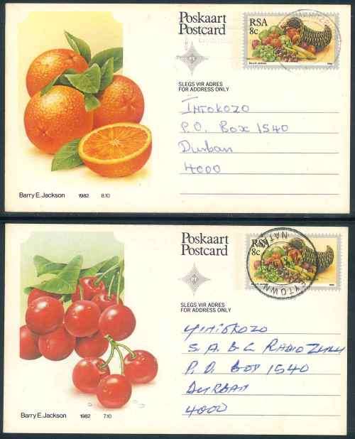 South Africa 1982 stunning set of (10) x used 8c Fruit Postcards