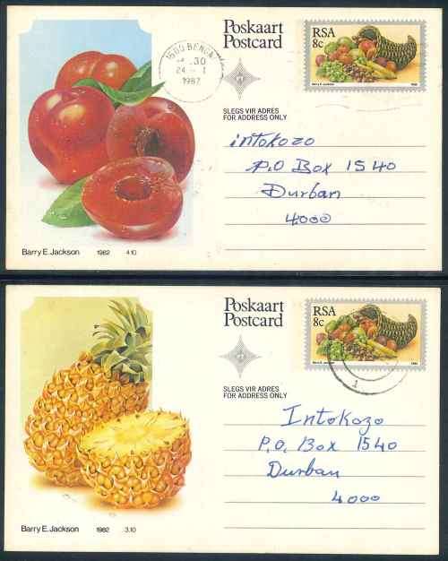South Africa 1982 stunning set of (10) x used 8c Fruit Postcards