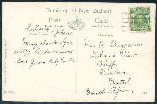 New Zealand 1911 "Shelly Beach - Auckland" used Postcard to Natal in South Africa