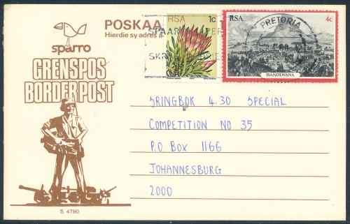 South Africa 1980 "Sparro - Border Post" used Postcard