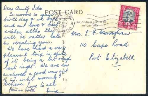 South Africa 1947 "Union Castle Line - Warwick Castle" used Postcard