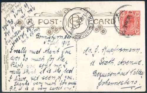 Transvaal 1912 "Who Wants More Daylight? - Lovers" Postcard sent from Klerksdorp