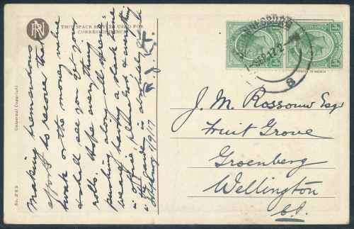 South Africa 1917 Postcard franked with pair of 1/2d KGV Head stamps