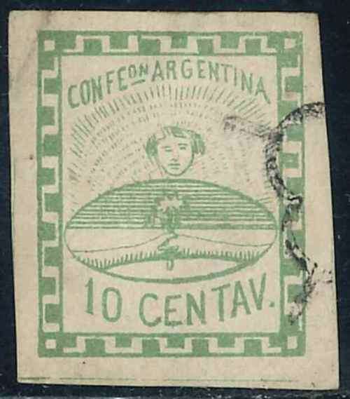 Argentina 1858 "Confederation" used Imperf 10c green stamp (SG 2)