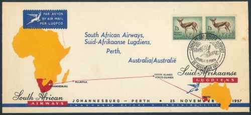 South African Airways 1957 First Flight Cover from Jan Smuts to Perth in Australia