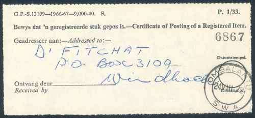 SWA 1972 Certificate of Posting Registration Slip Cancelled with a Scarce "Ombalantu" Postmark