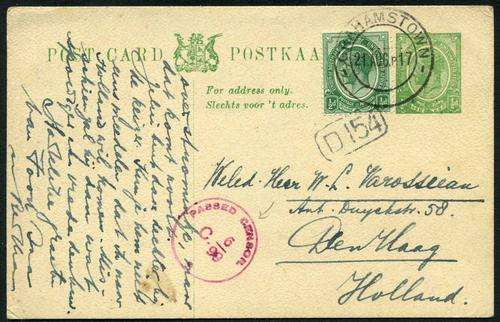 South Africa 1917 Censored WWI Uprated Postcard to Holland