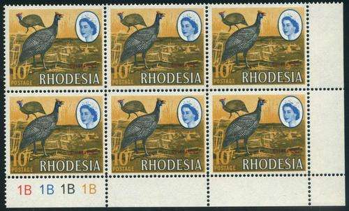 Rhodesia 1966/70 QEII Mardon Printing 10s Control Block 1B (SACC 154) (**)