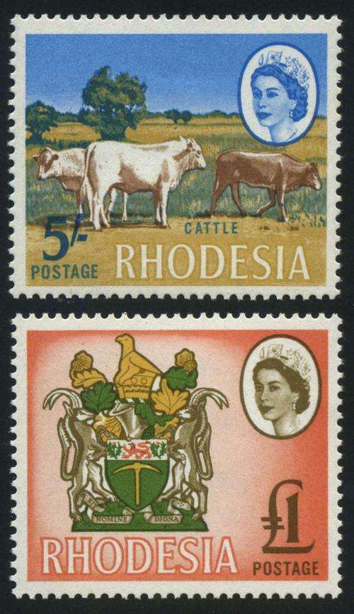 Rhodesia 1966/70 QEII Scarce Mardon Printing Trial Run 5s and 1 Pound stamp (**)