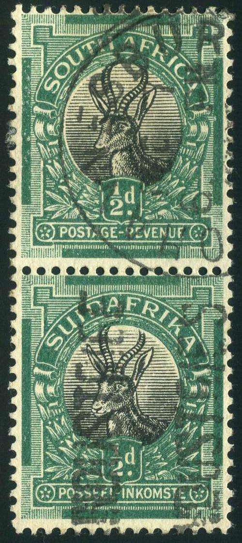 South Africa 1926 used 1/2d pair with "Missing Horn" Variety