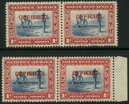 SWA 1950 horizontal pairs of 1d OFFICIAL stamps (SACC O19) with Varieties (**)