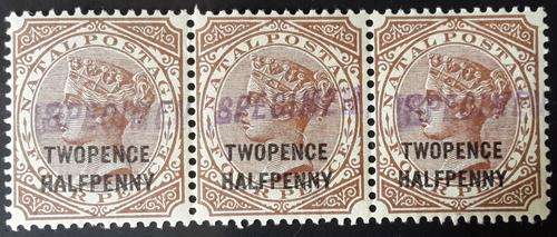 Natal 1890 Queen Victoria Surcharged (2 1/2d on 4d) strip of (3) x Specimen stamps