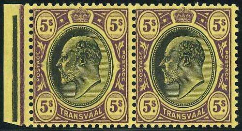 Transvaal 1904/09 King Edward VII pair of 5 shilling stamps (SACC 276) (**)